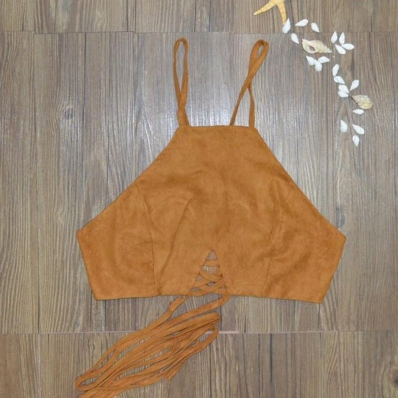 Light Brown Faux Suede Strappy Boho Crop Top Sm - Picture 4 of 4